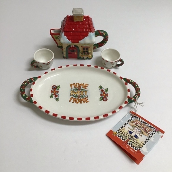 Mary Engelbreit Mini Tea Set Home Sweet Home 2000 Christmas Touches Ceramic NEW - Picture 2 of 10